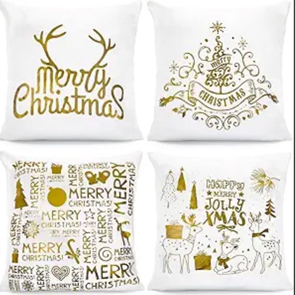 Christmas Pillow Covers, 4 Pack Golden Snowflakes Christmas Happy